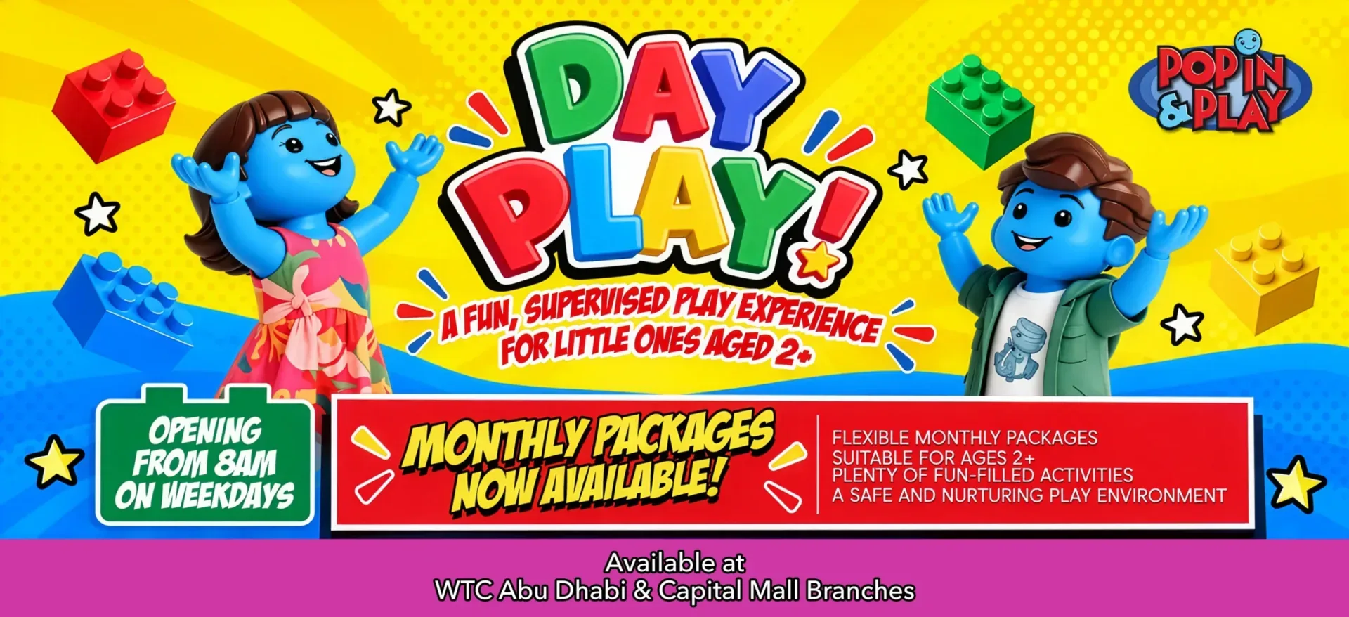 Day Play supervised play experience for children aged 2+ at Pop In & Play Abu Dhabi, with monthly packages available at WTC Mall and Capital Mall branches.