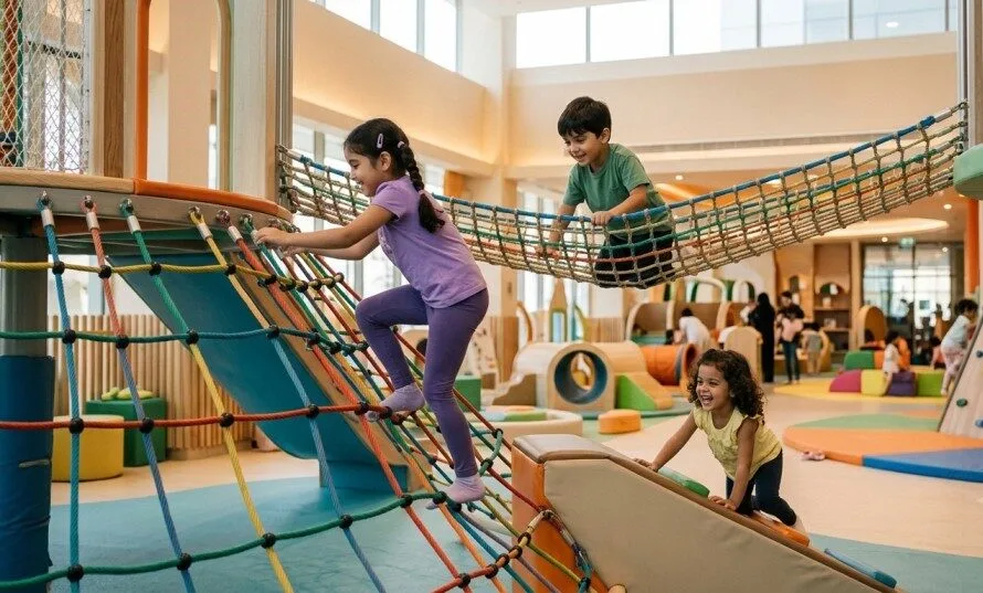 Children climbing a colorful rope playground net during school holiday activities for kids at an indoor play area in Abu Dhabi