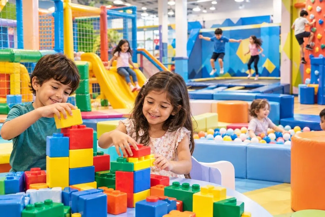 Kids play area ticket price Abu Dhabi guide featuring children enjoying indoor soft play, colourful building blocks, slides, ball pits and climbing activities.