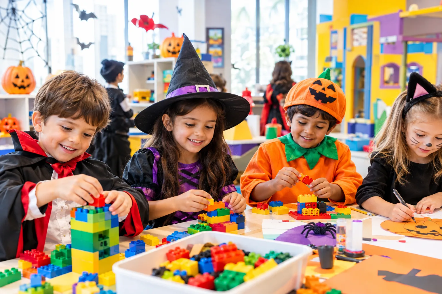 Halloween party kids Abu Dhabi enjoying colorful brick building, Halloween crafts and costumes at an indoor play centre.