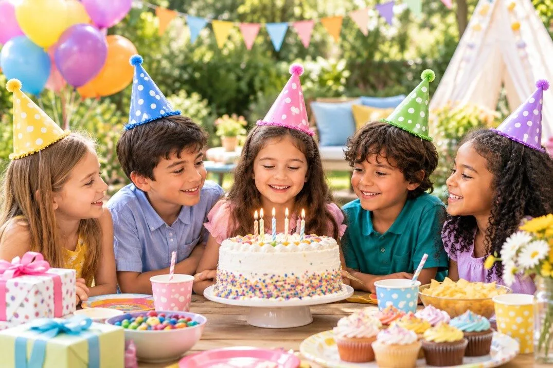 Kids birthday party Abu Dhabi with a colourful cake, balloons, party decorations, and children celebrating together.