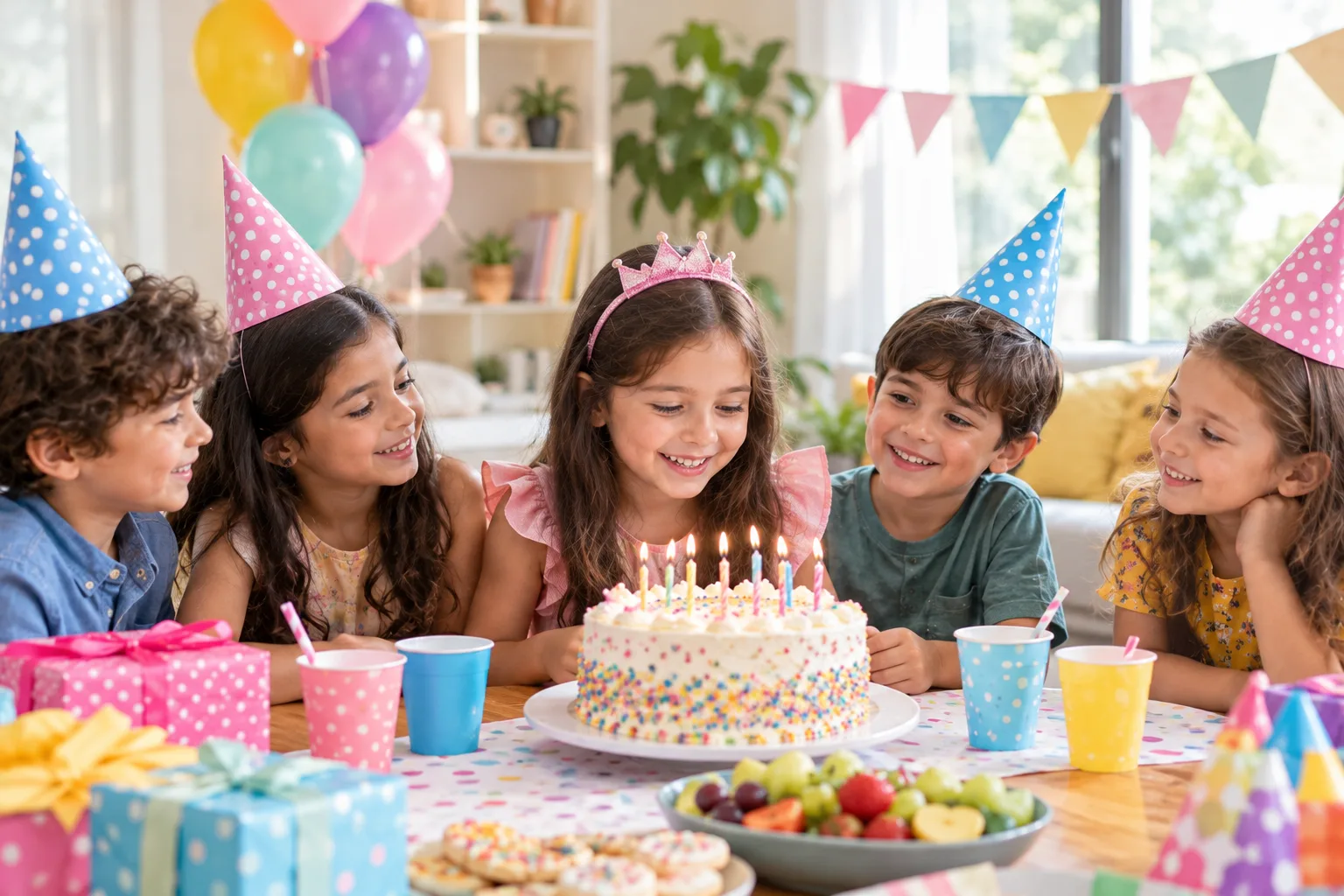 Children celebrating a birthday with cake, balloons and party decorations while enjoying kids birthday party packages Abu Dhabi.