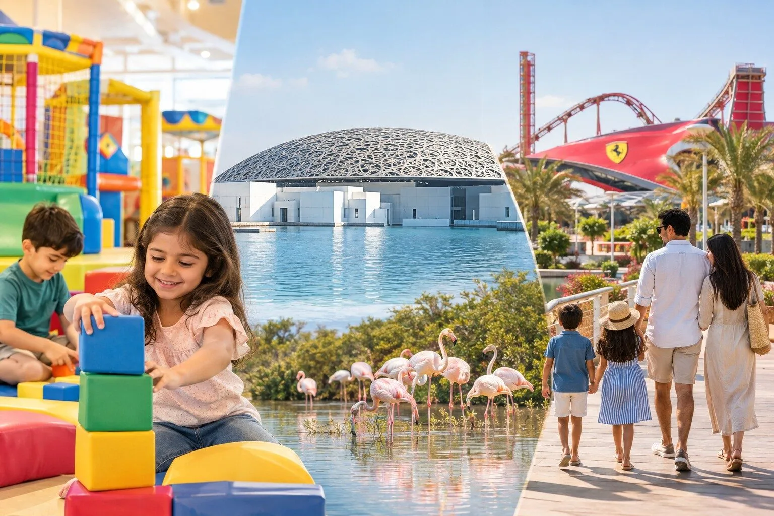 Mid term break activities Abu Dhabi with kids enjoying indoor play areas, Yas Island attractions, and family-friendly outdoor adventures.