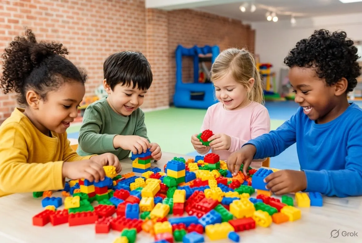 Kids play membership Abu Dhabi – children happily building with colorful bricks at an indoor play centre