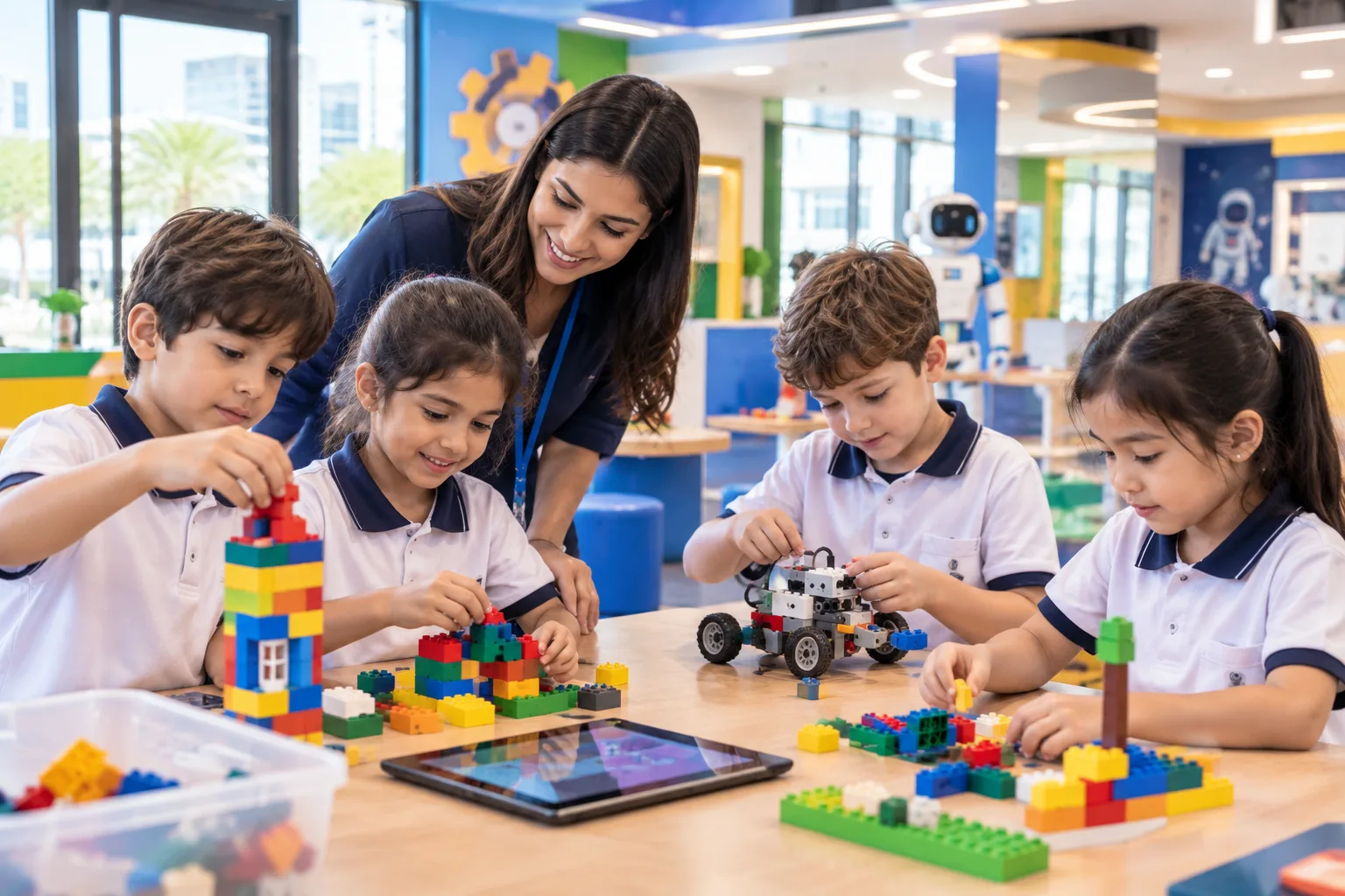 Children participating in hands-on STEM building and robotics activities during school trips Abu Dhabi.